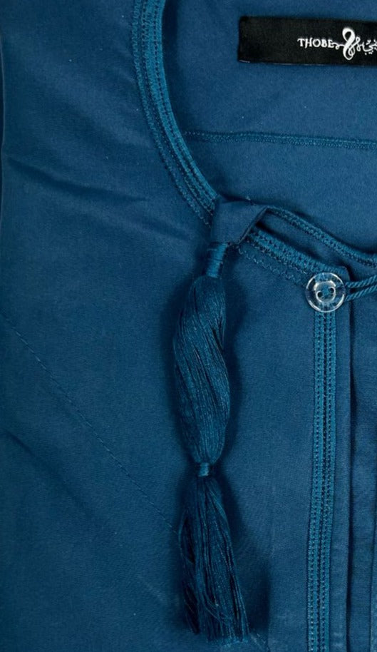 Prusian Blue Omani Thobe for Men showing the tassel