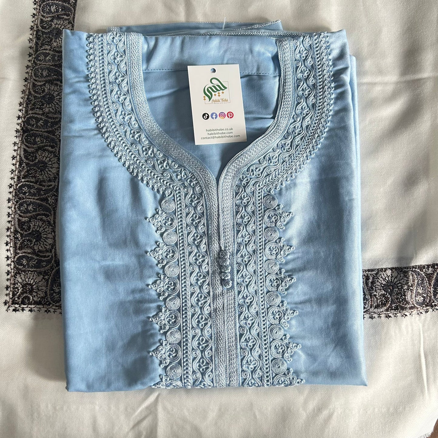 Soft sky blue Gandoura with elegant embroidery for a light festive look