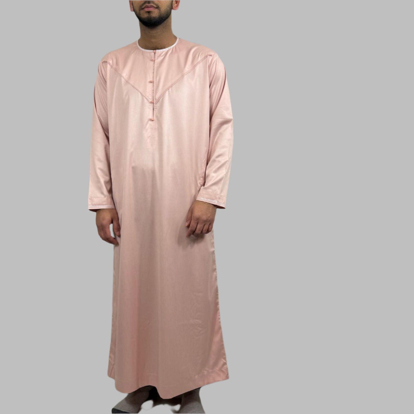 Al-Majd Emirati Thobe in soft pink satin with white piping, a stylish men’s thobe for Ramadan & Eid and other occasion