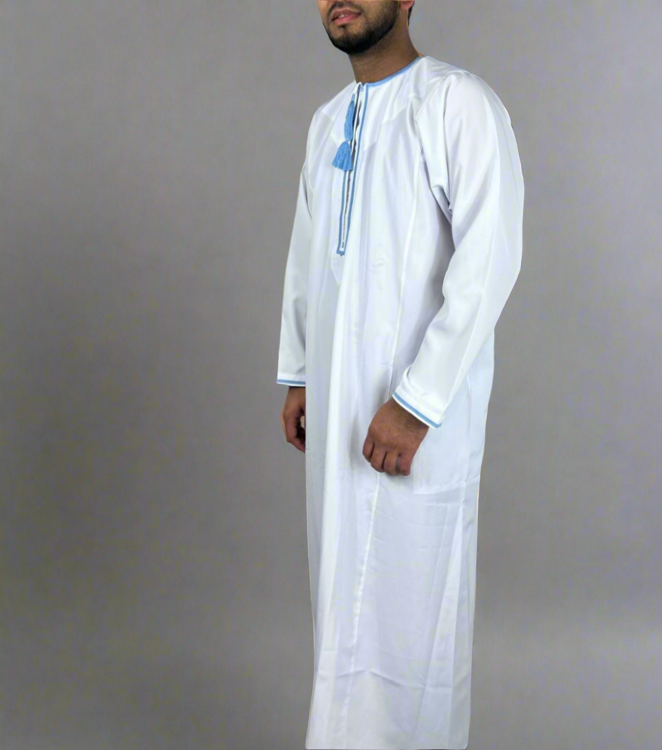Omani White Thobe with Blue Tassle