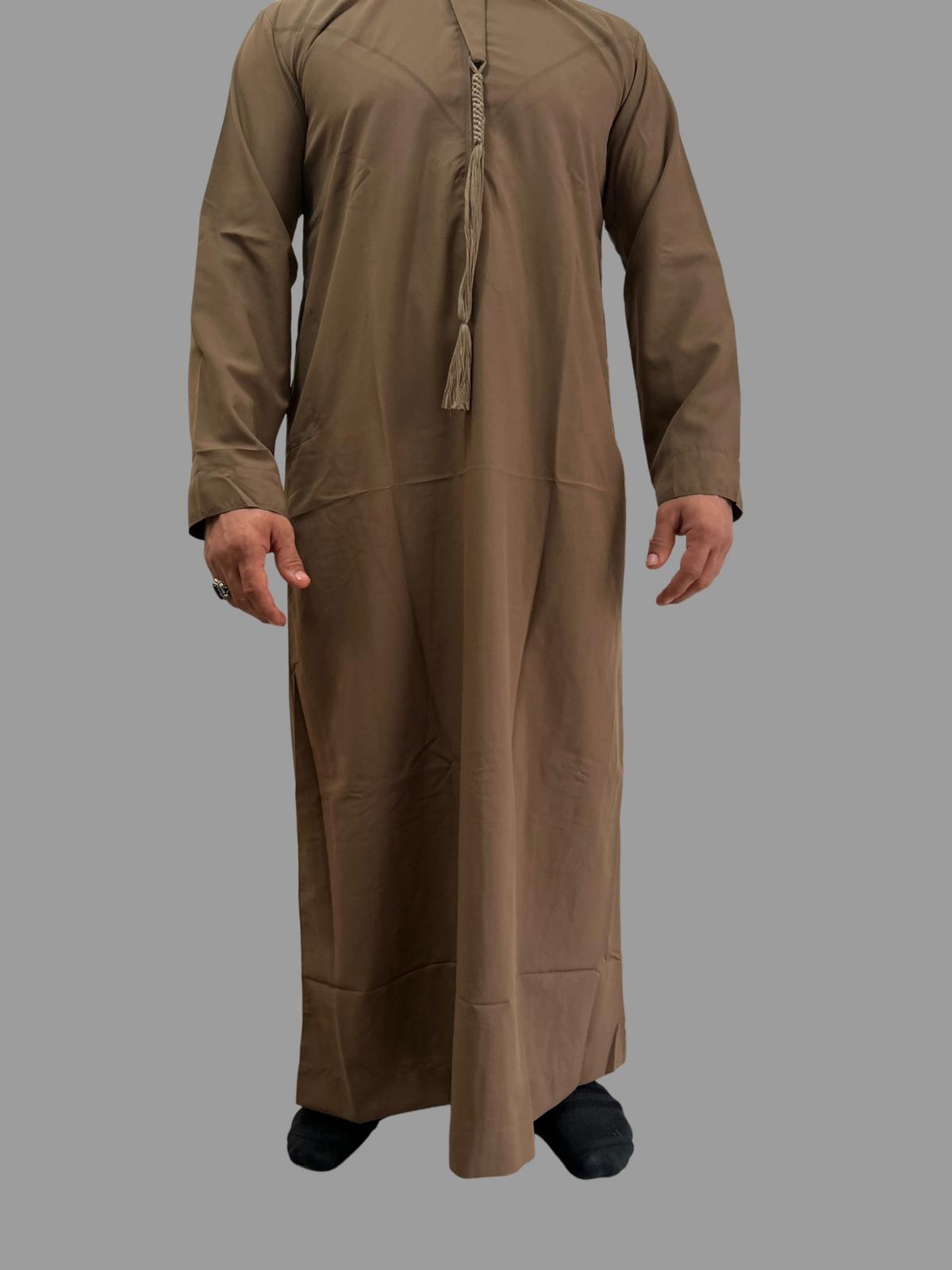 "Close-up of the fabric and stitching on the Basic Brown Emarati Thobe, focusing on the soft texture and durable construction for long-lasting comfort and have detachable tassel."