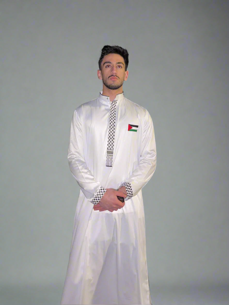 "Front view of the Heritage Thobe, a traditional men's garment with a sleek, modern design."