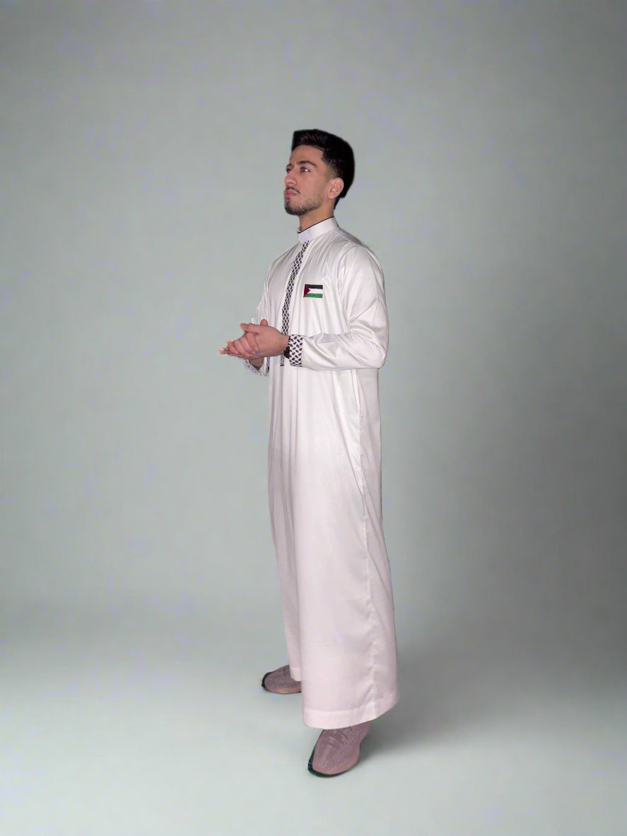 "Back view of the Heritage Thobe, showcasing the full length and clean tailoring."
