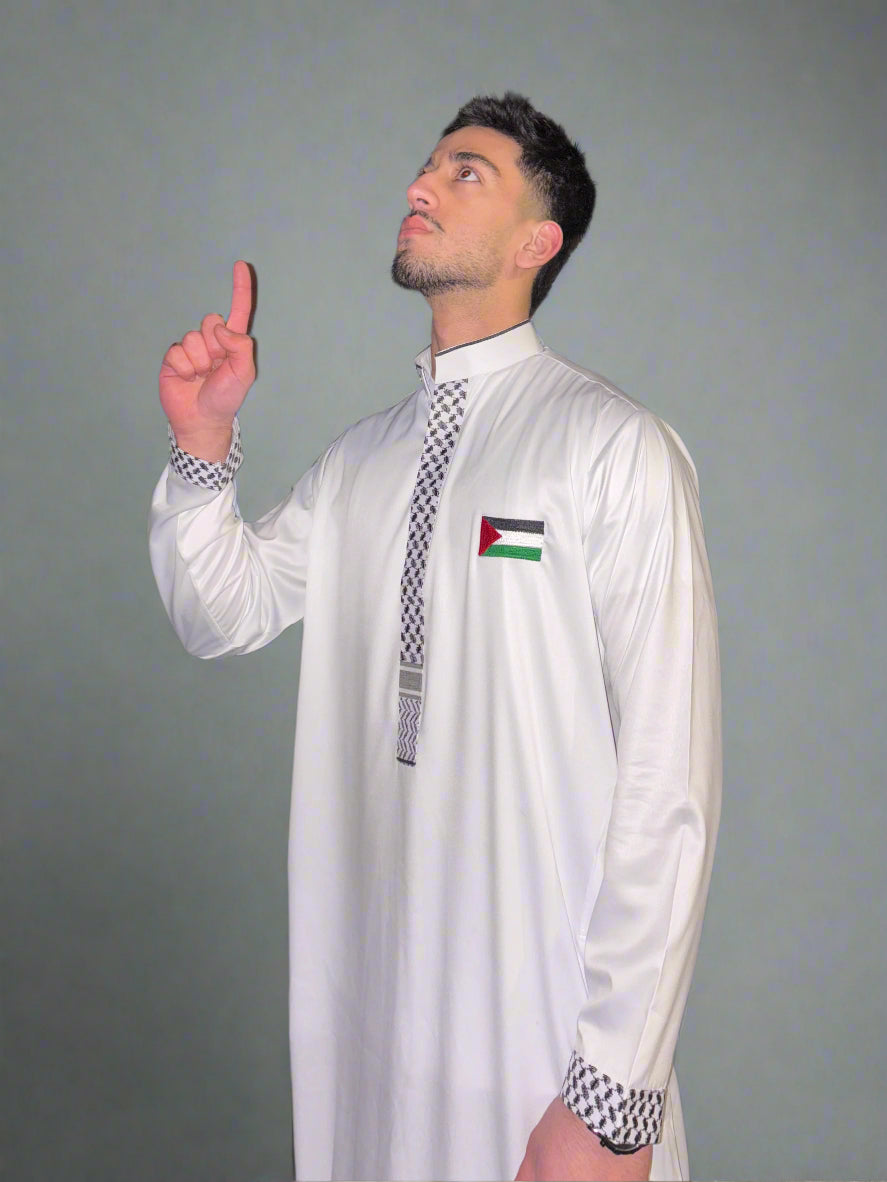 "Side view of the Heritage Thobe, illustrating the elegant fit and flow of the design."