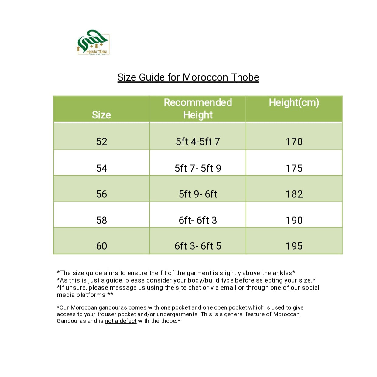 "Moroccan Gandoura size chart detailing measurements for chest, waist, length, and sleeve across sizes S to XL."
