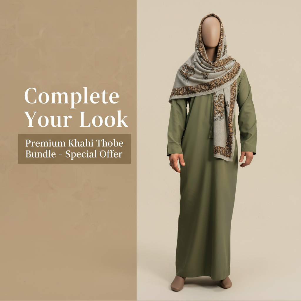 "Complete Look: Premium Khaki Thobe with Desert Mosaic Shemagh"