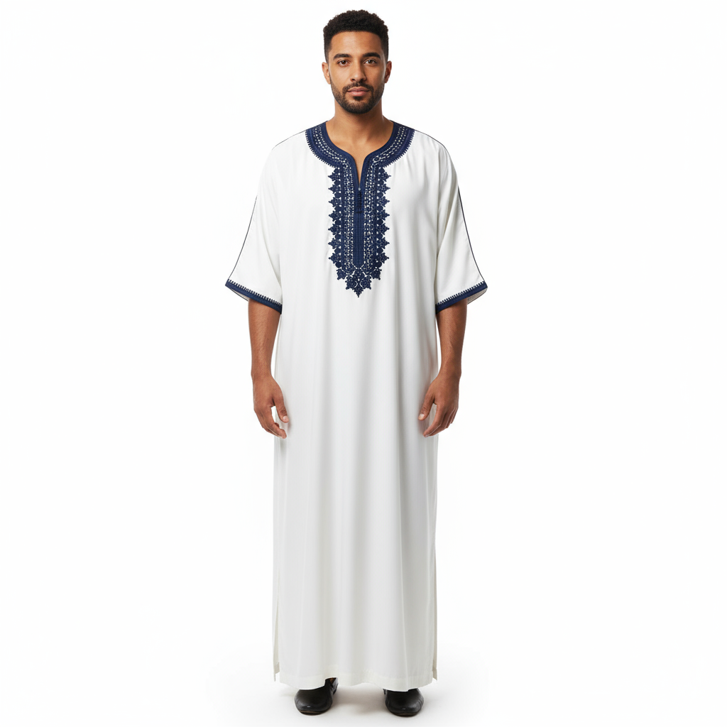 White gandoura with navy blue embroidery and plain sleeves on male model