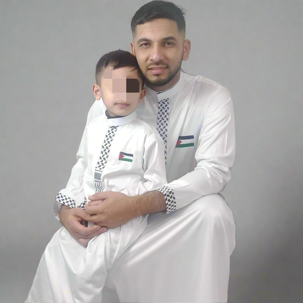 Front view of Father and Son Heritage Thobe set featuring matching traditional designs and premium fabric.