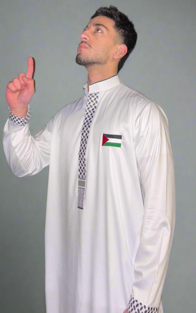 Front view of Father and Son Heritage Thobe set featuring matching traditional designs and premium fabric.