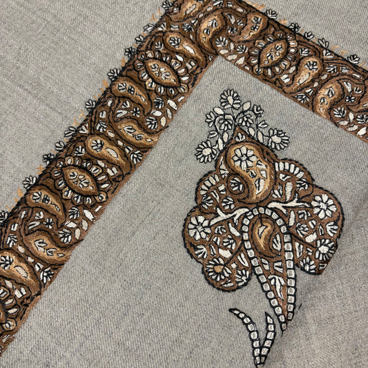 Close-up of intricate brown and beige embroidery on a shemagh