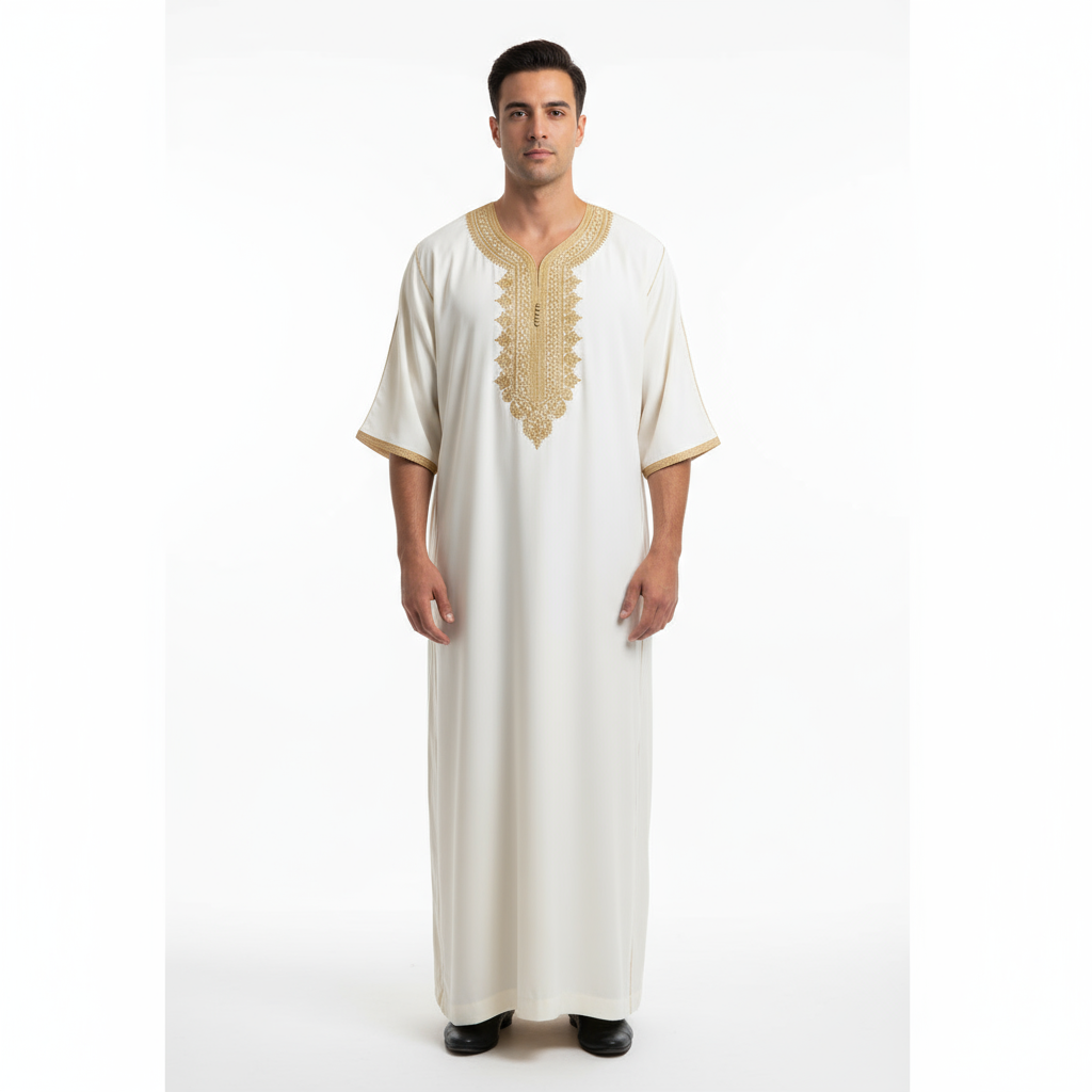 “White Moroccan Gandoura with intricate gold embroidery and tassel detail, folded neatly with branded tag.”