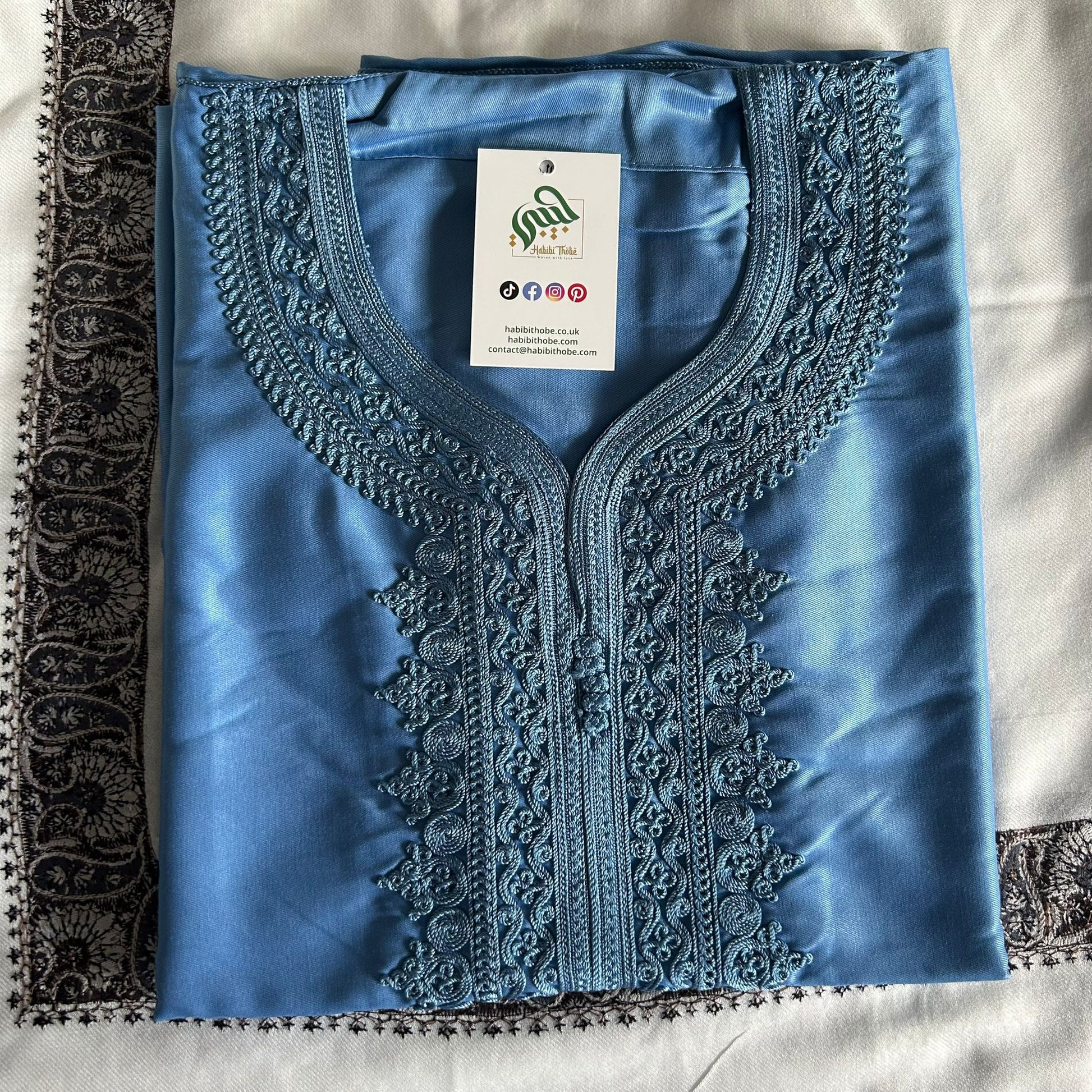 Satin ocean blue Gandoura with tonal embroidery, perfect for Eid wear.