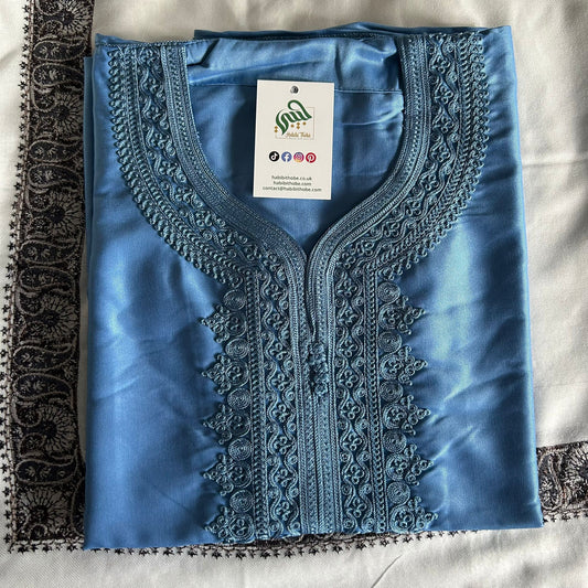 Satin ocean blue Gandoura with tonal embroidery, perfect for Eid wear.