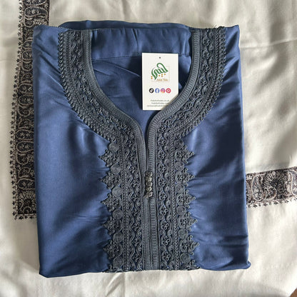 Elegant satin blue Gandoura with intricate embroidery, perfect for Eid, Jummah, or special occasions.


