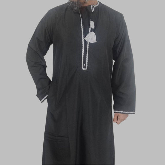 Royal Black Omani Thobe in elegant traditional style with premium polyester fabric and loose fit design