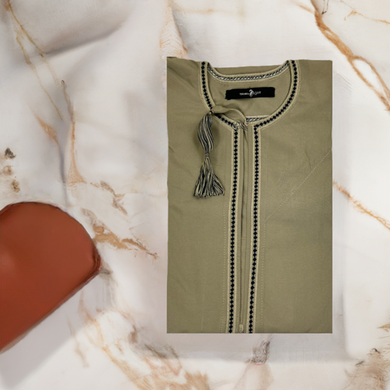 Classic sage green Omani AHMED SAGE THOBE for boys with traditional tassel detail and comfortable fit.