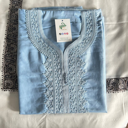 Soft sky blue Gandoura with elegant embroidery for a light festive look
