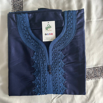 Bold stormy blue Gandoura with contrasting black embroidery detailing.