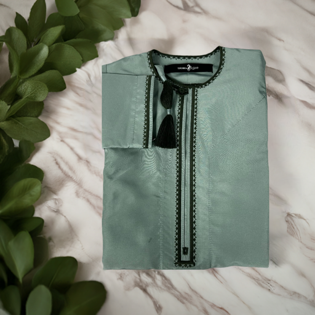 Teal Green Omani Thobe Front with sleeve design detail