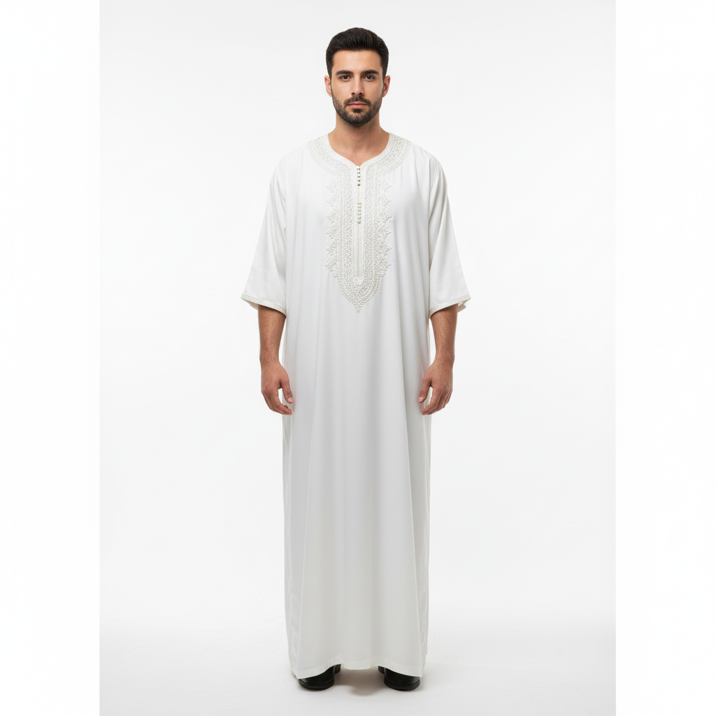 Man wearing a white gandoura on a white background