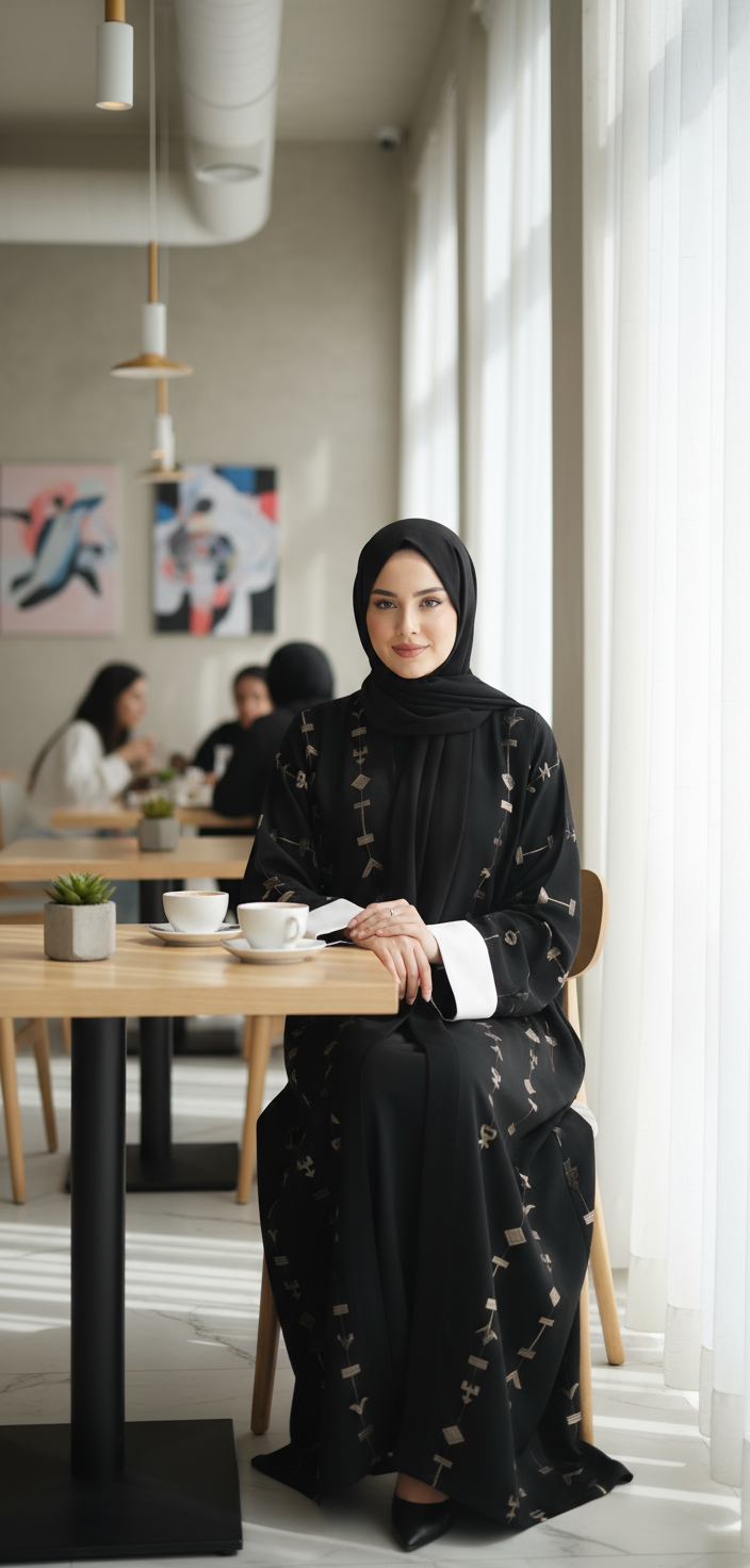 Woman in a black abaya sitting at a table in a modern cafe.