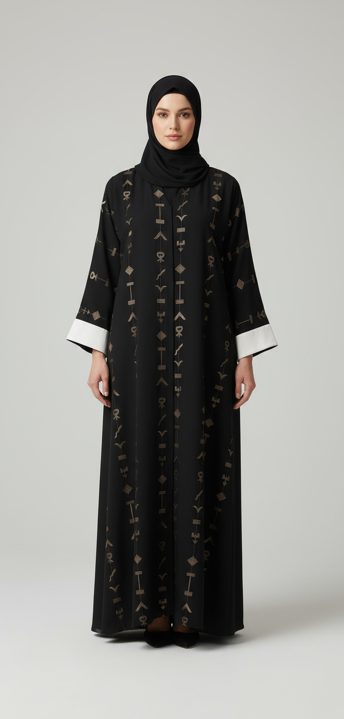Woman wearing a black abaya with intricate patterns on a white background