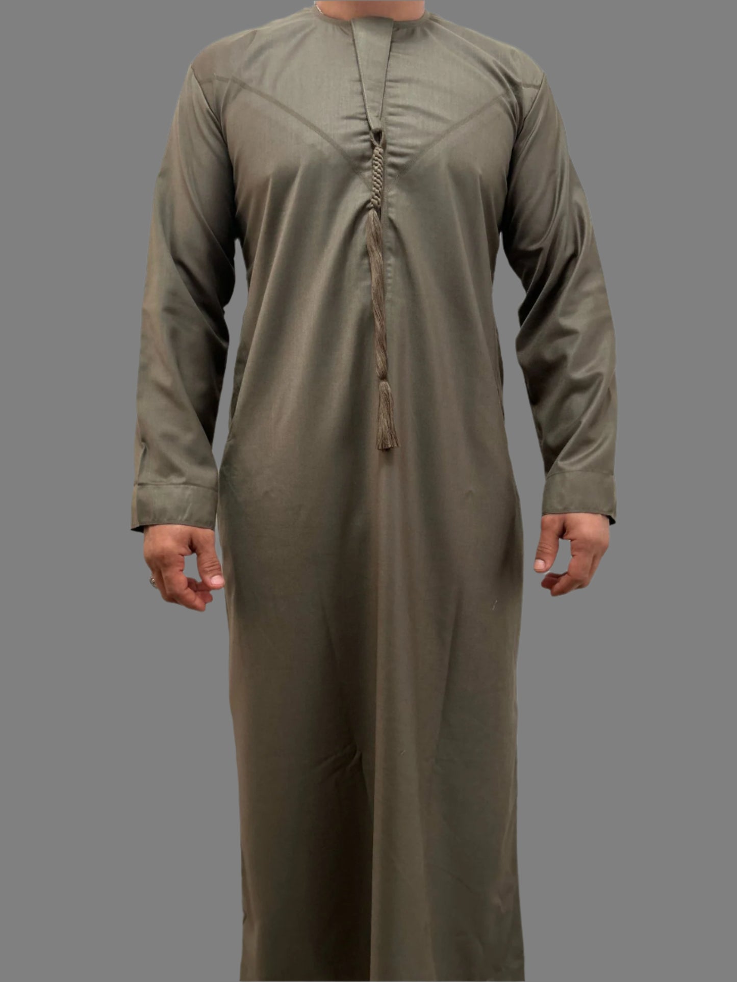 "Front view of the Deluxe Emarati Mocha Thobe, showcasing its elegant design and premium fabric for a refined, sophisticated look."