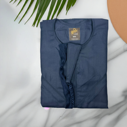 "Folded Deluxe Emarati Navy Blue Thobe, neatly displaying the premium fabric and refined design, perfect for storage and care."