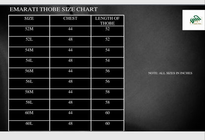 Size chart for Emarati Thobe with measurements in inches on a dark background