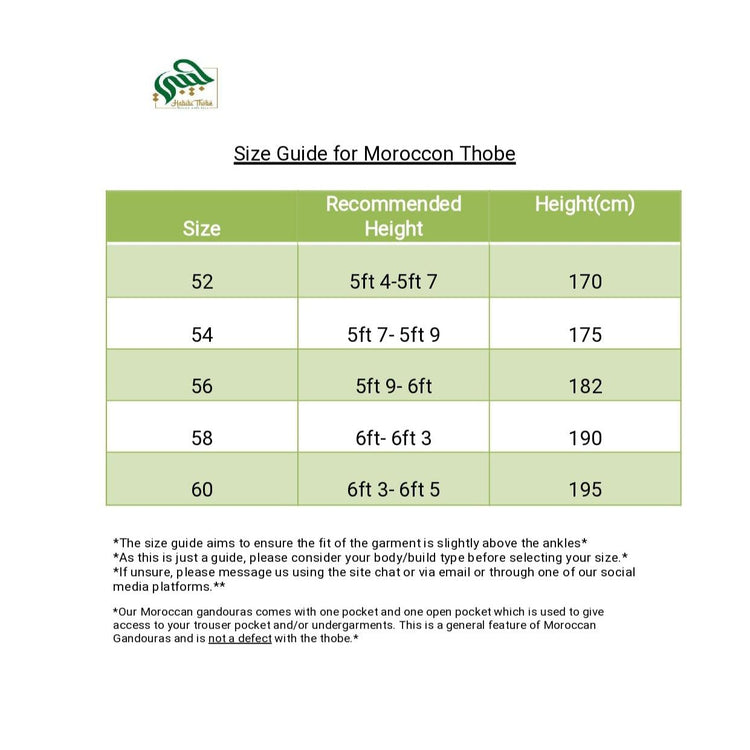 Royal White Moroccan Gandoura Size guide for Moroccan Thobe with height recommendations