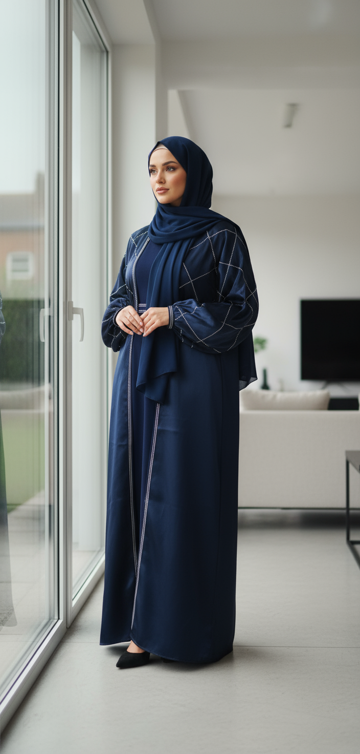 Woman in a blue abaya standing by a window in a modern living room.