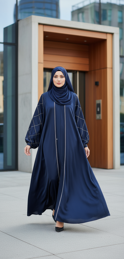 Woman wearing a navy blue abaya in an urban setting