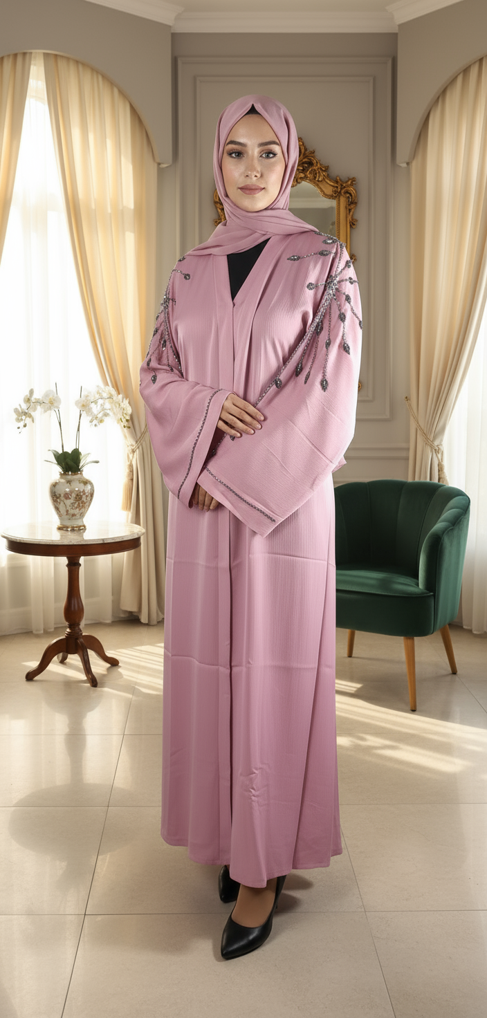 Woman in a pink abaya standing in a well-lit room with curtains and a mirror.