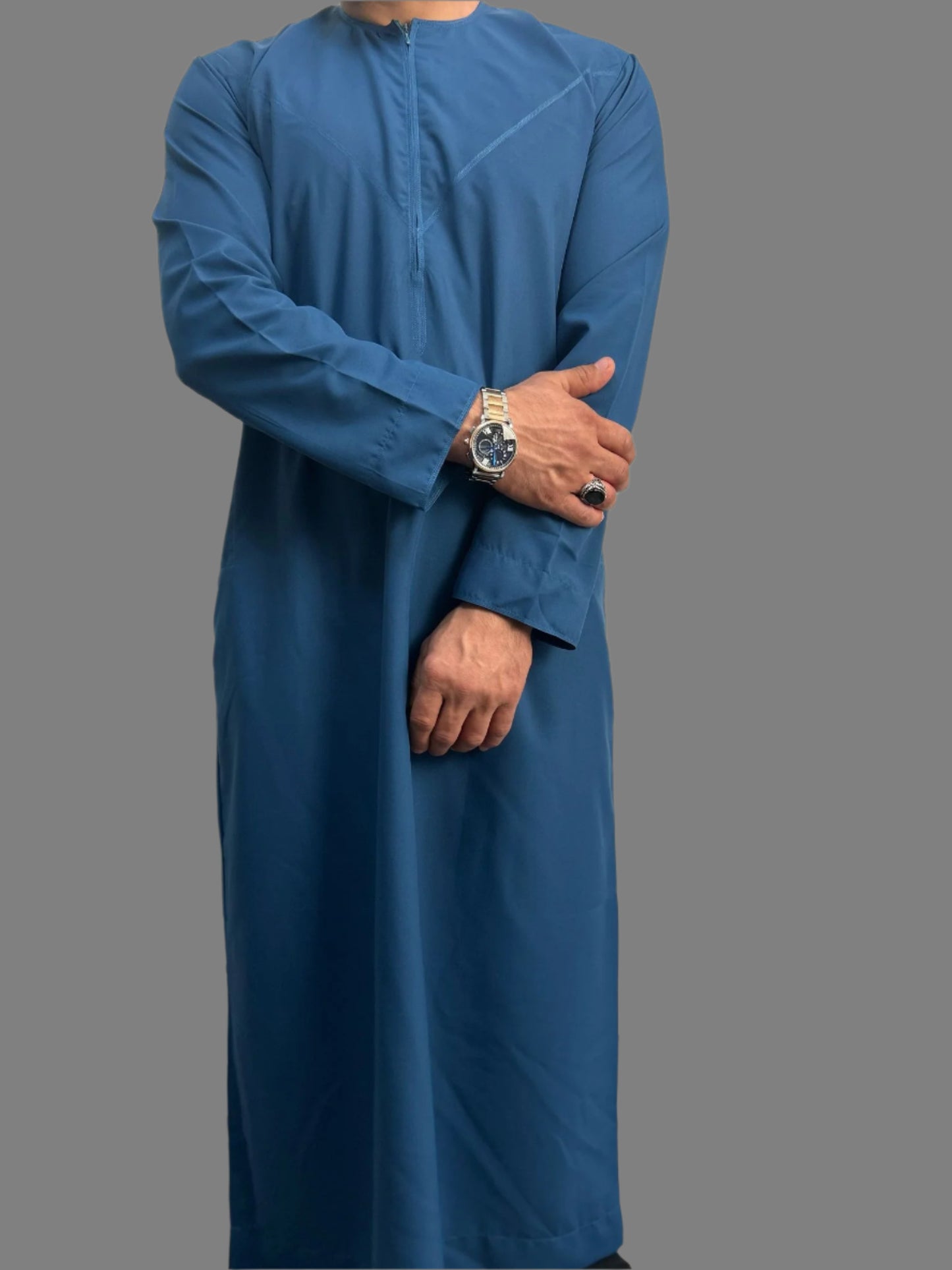 "Front view of the Premium Bright Blue Emarati Thobe without tassel, showcasing its elegant design, premium fabric, and comfortable fit, perfect for formal or casual occasions such as Eid 2025."