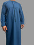 Premium bright blue Emarati thobe made from breathable fabric with detachable tassel, tailored fit for formal and daily wear