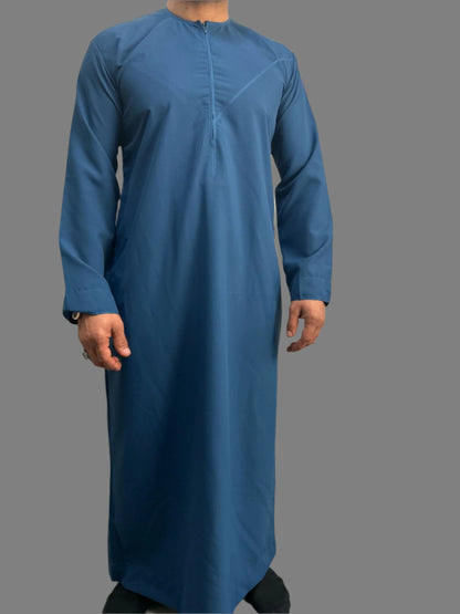 "Front view of the Premium Bright Blue Emarati Thobe without tassel, showcasing its elegant design, premium fabric, and comfortable fit, perfect for formal or casual occasions like Ramadan and Eid 2025."