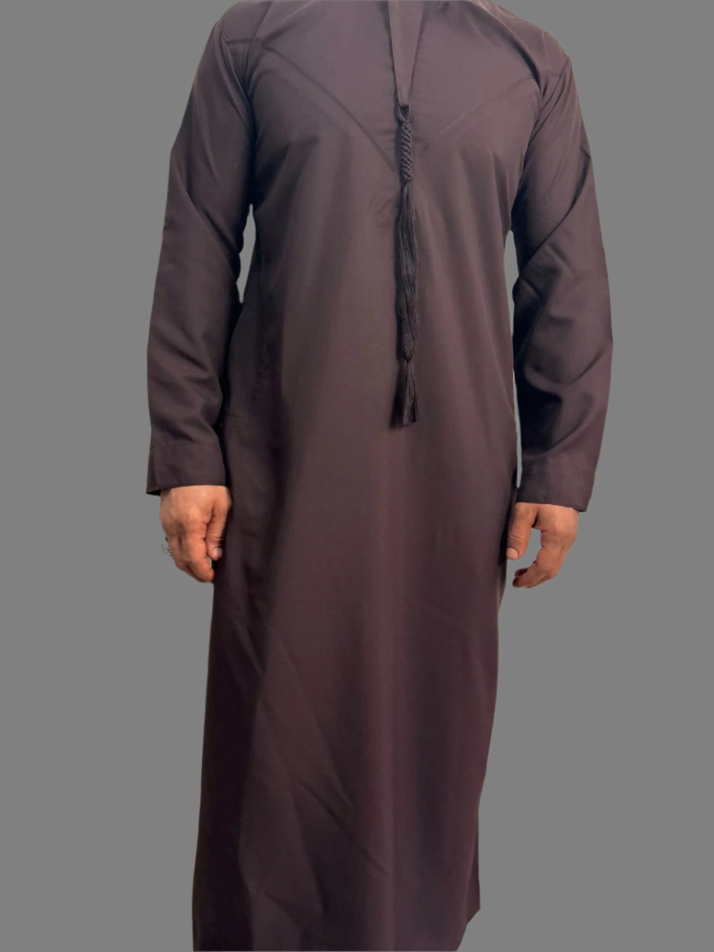 "Side view of the Premium Emarati Maroon Thobe, highlighting its tailored fit and sleek silhouette for a modern, traditional style for ramadan and eid 2025."