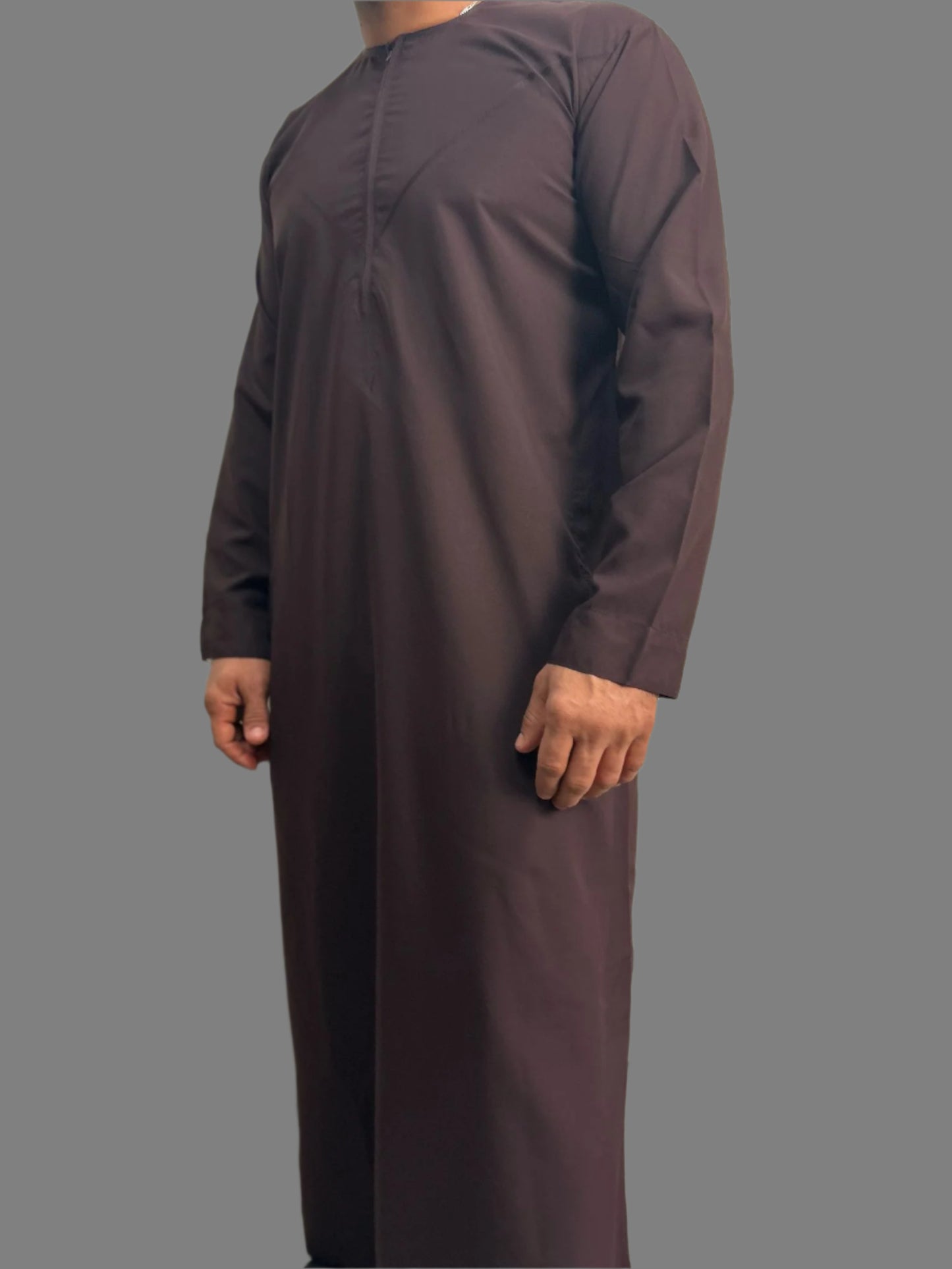 "Side view of the Premium Emarati Maroon Thobe, highlighting its tailored fit and sleek silhouette for a modern, traditional style for Ramadan and Eid 2025."