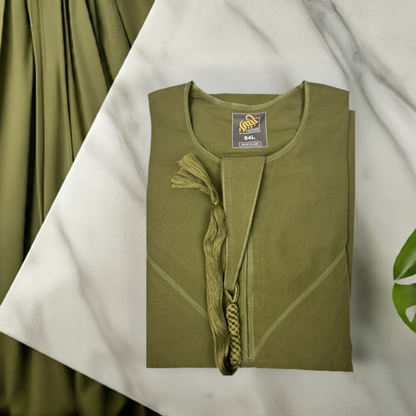 "Folded Premium Khaki Emarati Thobe, neatly showing its high-quality fabric and stylish design for easy storage."