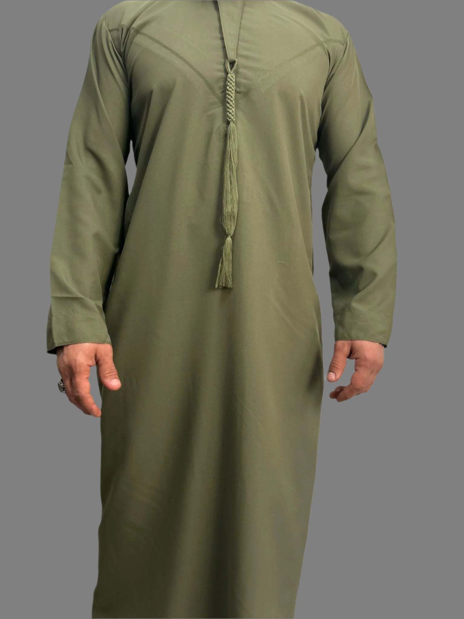 Premium Khaki Emarati Thobe in khaki color with detachable tassel, breathable fabric, and traditional kandura design for elegant men&