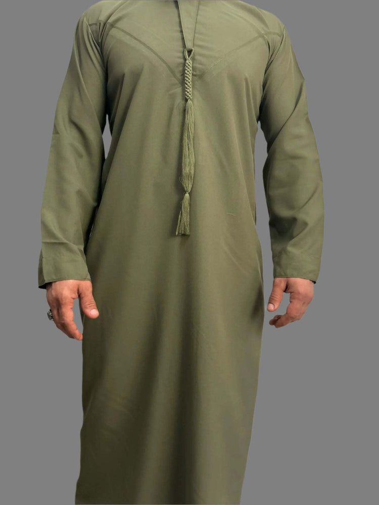 Premium Khaki Emarati Thobe in khaki color with detachable tassel, breathable fabric, and traditional kandura design for elegant men&