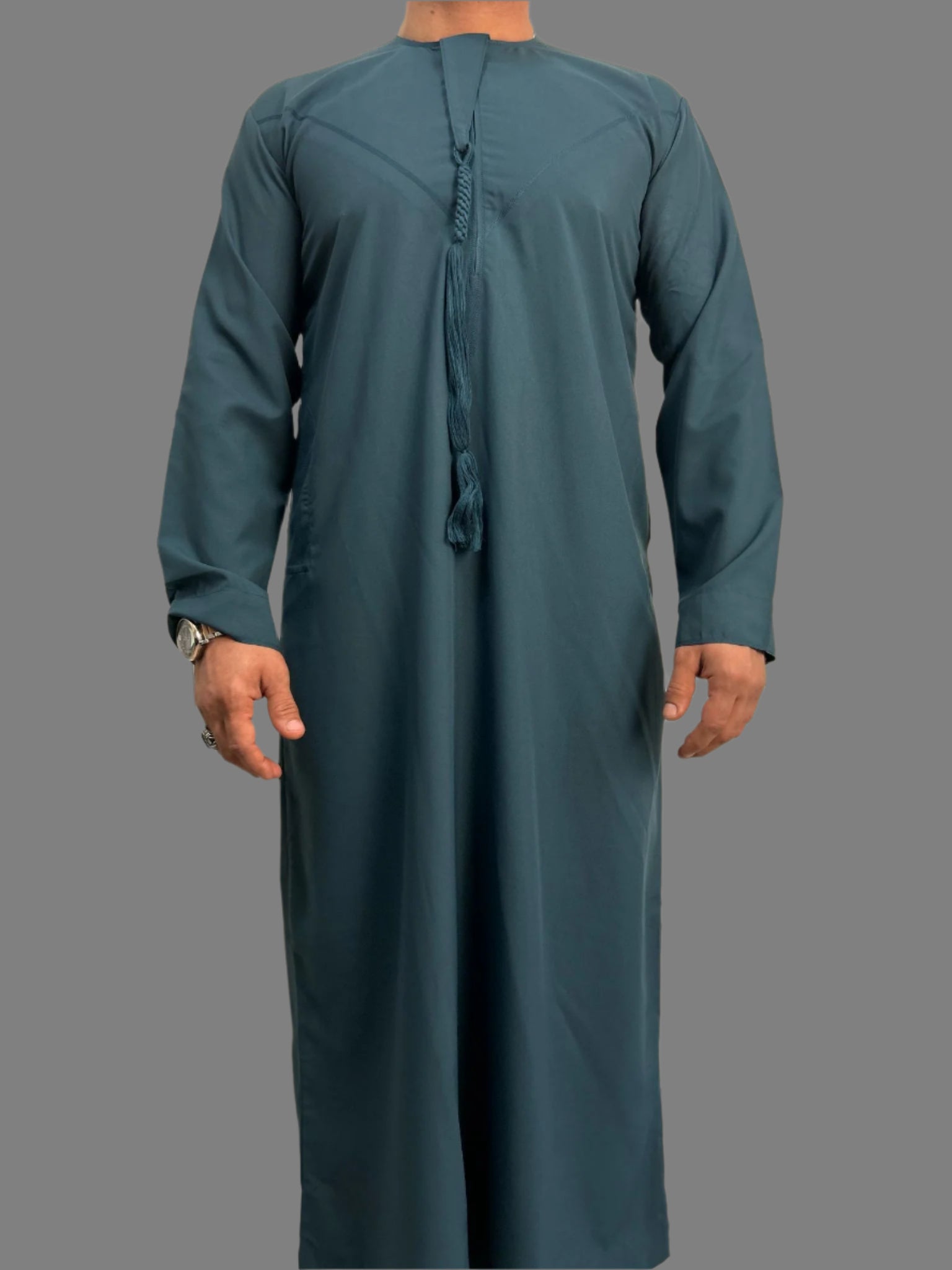 "Front view of the Premium Teal Blue Emarati Thobe fitted, highlighting its tailored fit and clean lines for a modern yet traditional style."