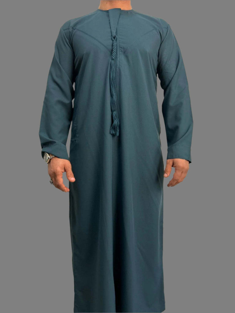 Premium teal blue Emarati thobe with detachable tassel, size 58 M, made from high-quality fabric for comfort and style