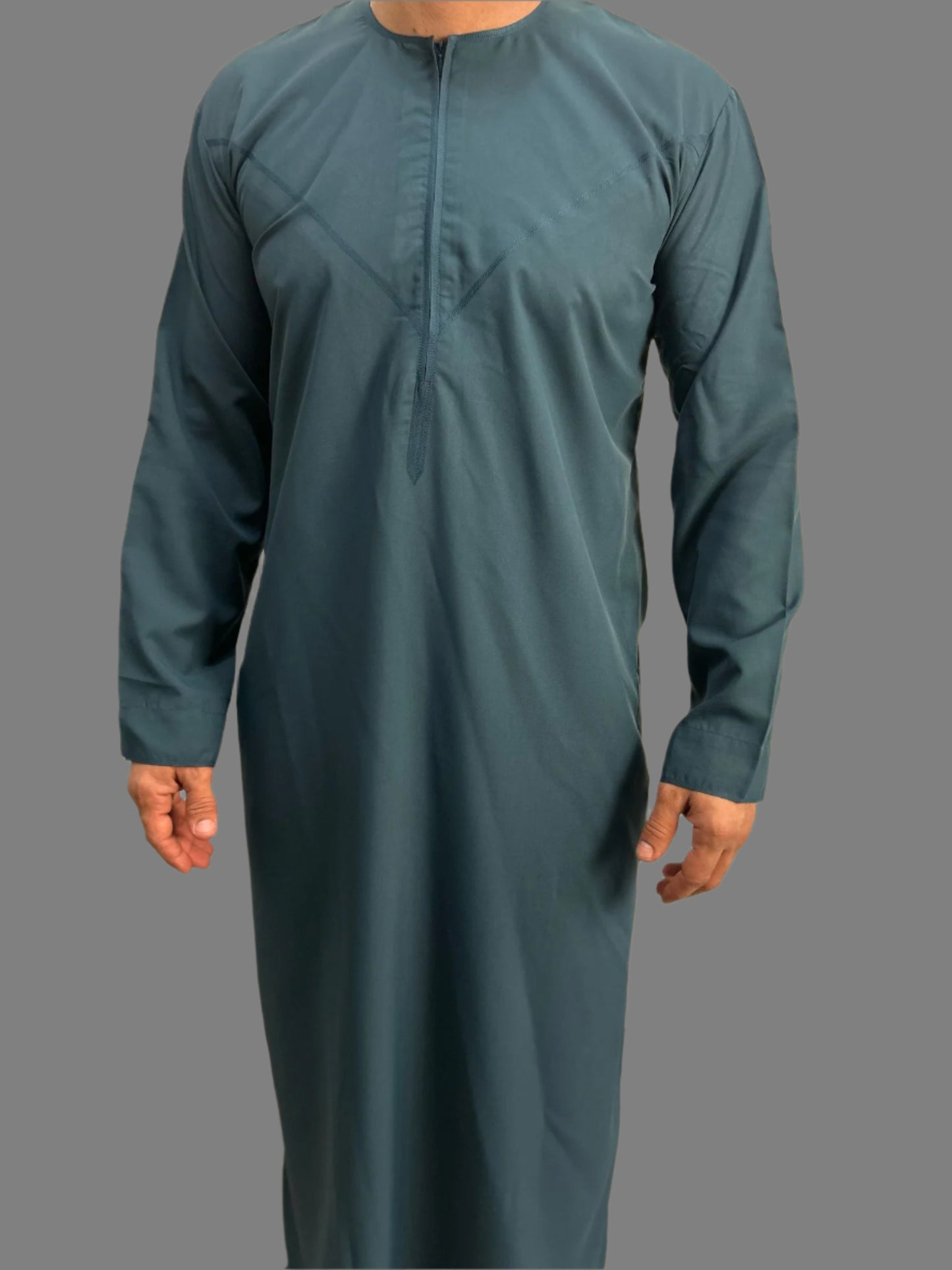 "Front view of the Premium Teal Blue Emarati Thobe without tassel, showcasing its elegant design and premium fabric for a sophisticated look."