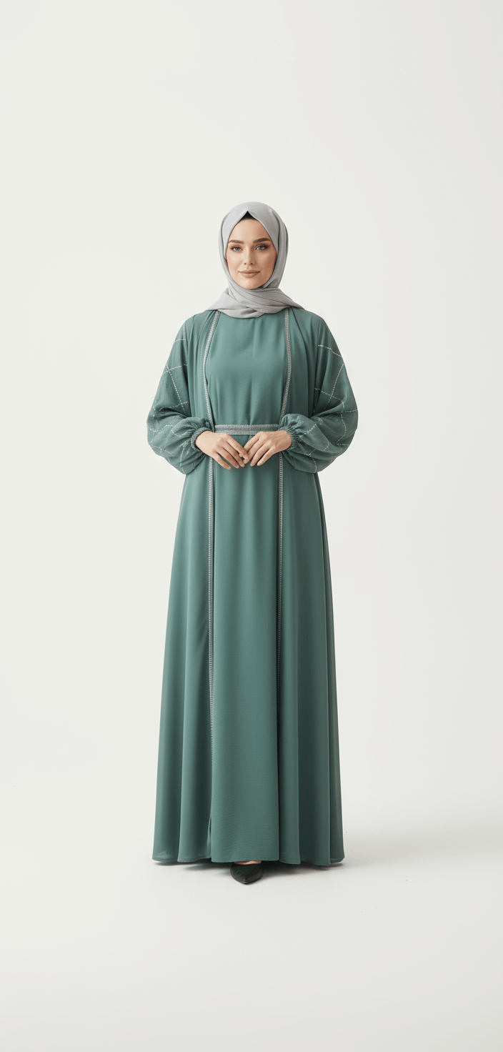 Woman wearing a long green dress and hijab on a white background