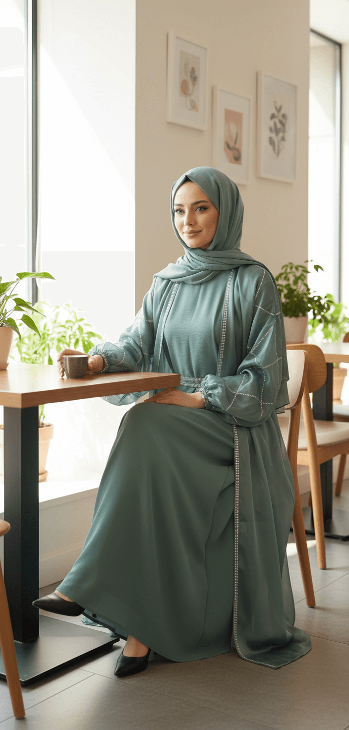 ELEGANT SAGE GREEN ABAYA with Embroidery Premium Modest Wear UK Store Habibithobe ELEGANT SAGE GREEN ABAYA with Embroidery Premium Modest Wear UK Store Habibithobe
