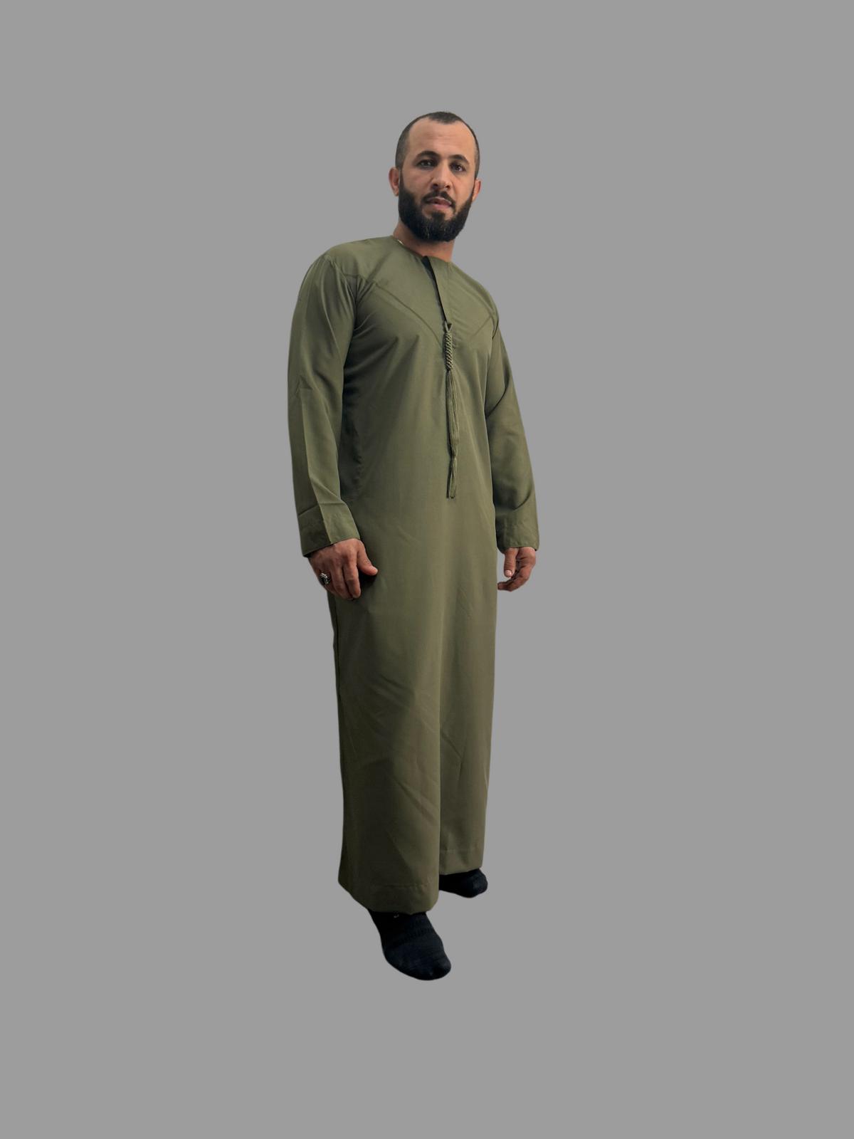 "Front view of a sage green Emarati thobe, featuring a classic and elegant design with a modern fit, ideal for both formal and casual wear."