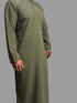 Basic Sage Green Emirati Thobe with round collar, chest zip, and hand-stitched embroidery, made from soft polyester fabric with detachable tassel