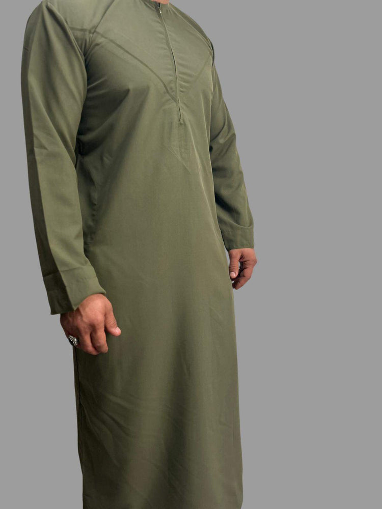 Basic Sage Green Emirati Thobe with round collar, chest zip, and hand-stitched embroidery, made from soft polyester fabric with detachable tassel