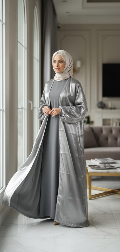 Silver Grey Satin Abaya